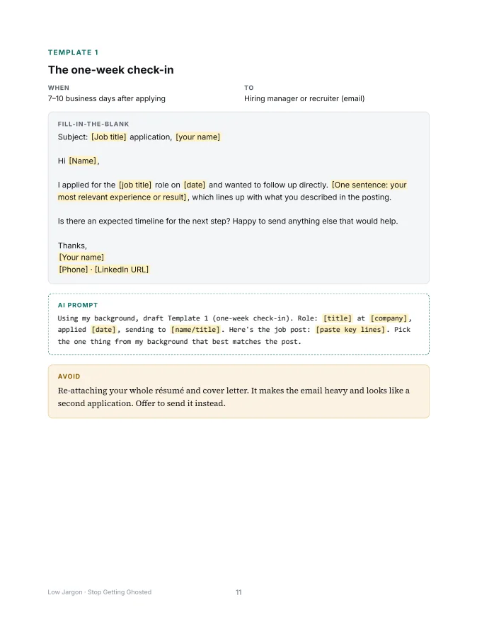 Template 1 page with fill-in-the-blank message and AI prompt